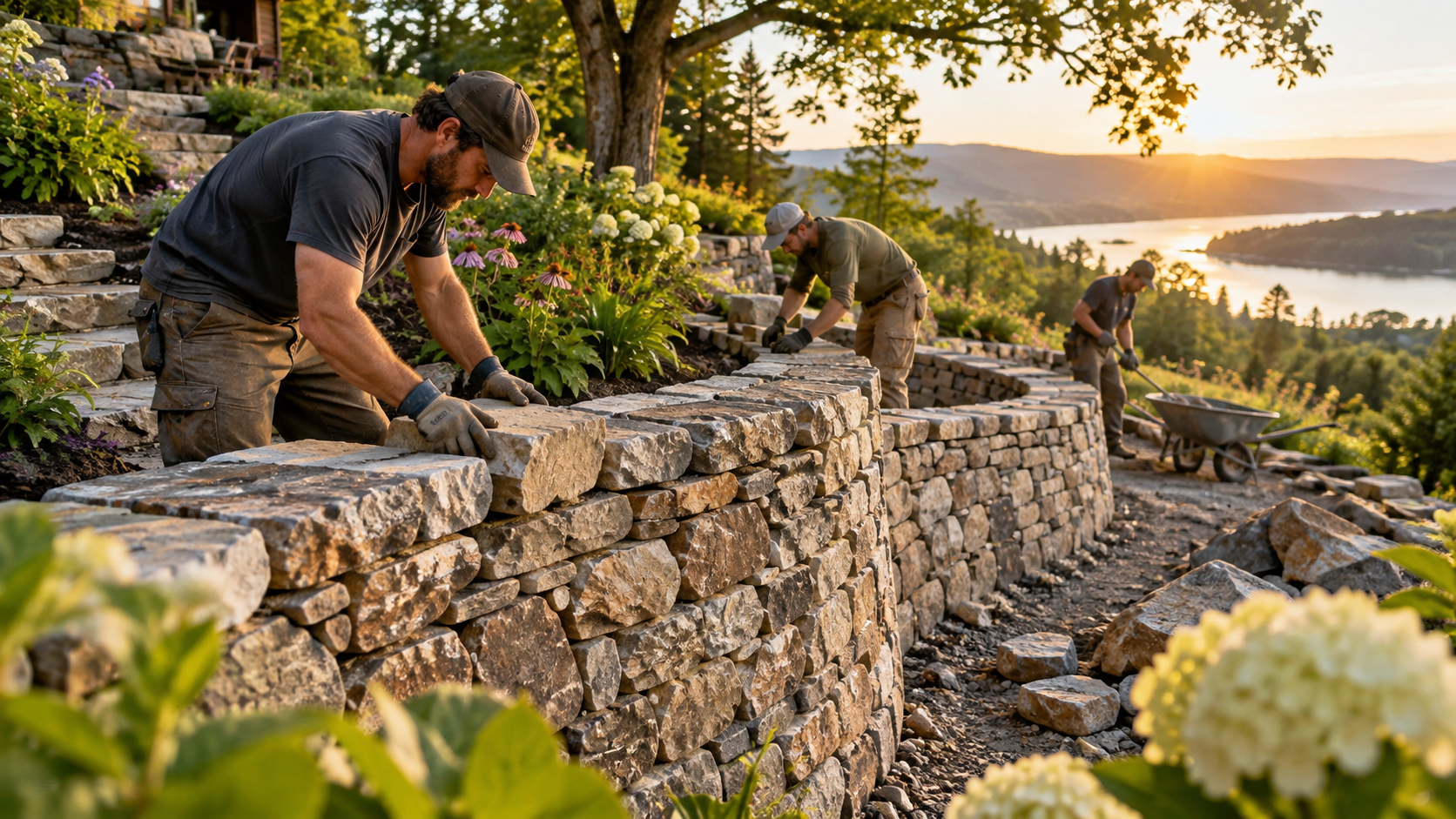 Ridgeview crew building a stone garden wall